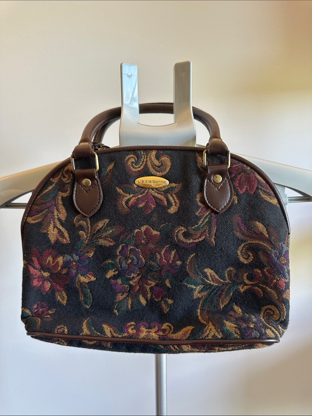 Liz Claiborne Brown and Black Floral Tapestry Satchel Bag Purse